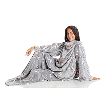 Image of Kanguru Deluxe Glow in the Dark Stars Butterflies, fluffy blanket, fleece blanket with sleeves Kangaroo pocket, for women, throw Gray, 140x180 cm