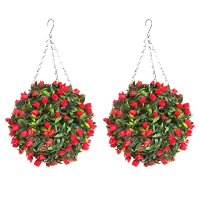 Image of Pair of Best Artificial TULIP Flower Balls Lush Long Leaf Topiary Grass (28cm, Red)