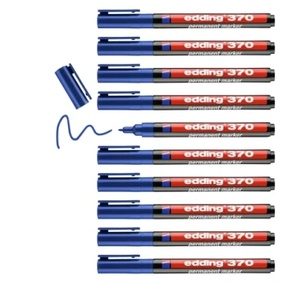 Image of edding 370 blue box of 10 fine bullet nib 1 mm waterproof, quick drying multi purpose marker, universal pen for cardboard, plastic, wood, metal, glass, pebbles, canvas