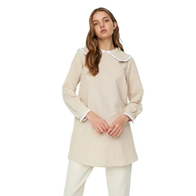 Image of Trendyol Women Modest Regular Tunic Peter Pan Collar Woven Tunics Beige