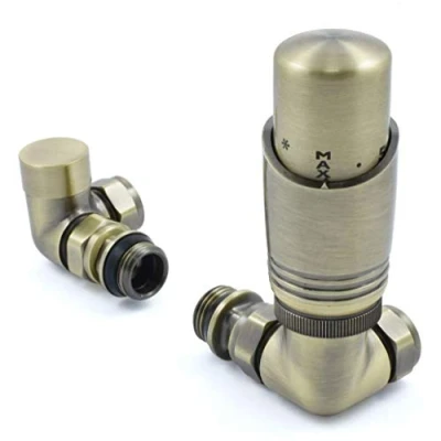 Image of Delta Corner TRV Antique Brass Thermostatic Radiator Valve and lockshield Set