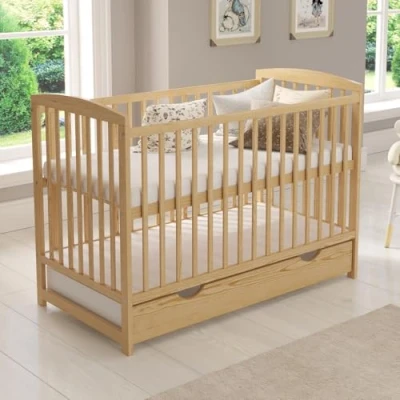 Image of Love For Sleep JACOB Wooden Baby Cot Bed 120x60cm with Covered Drawer, Safety Barrier &amp; Teething Rails (Pine)