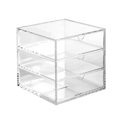 Image of OSCO Clear Acrylic Cube 3 Drawers Not A4 Size Small Item Storage Stackable Lego Container Makeup Jewellery Box Compact Organiser 16.5cm x 6.5 Inch