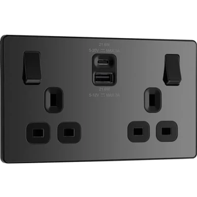 Image of BG Electrical Double Switched Power Wall Plug Socket with Fast Charge Type A and C USB Charging Ports, Evolve, Black Chrome, 13A, 22W, PCDBC22UAC22B