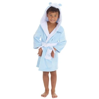 Image of JJLC Personalised Girls Boys Bear Dressing Gown Robe (Blue Bear, 3 4 Years)
