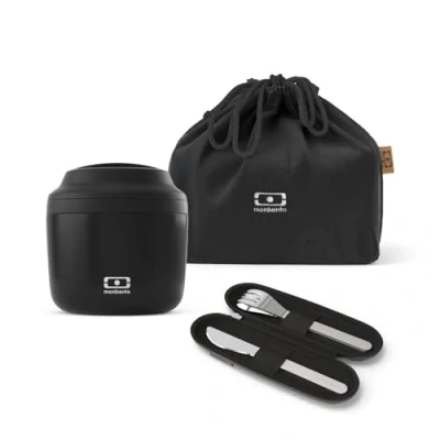 Image of monbento Onyx Lunch Box with Bento MB Element Insulated Up to 10h, Slim Nest Stainless Steel Cutlery Set, Bag Pouch M BPA Free Durable and Safe Black