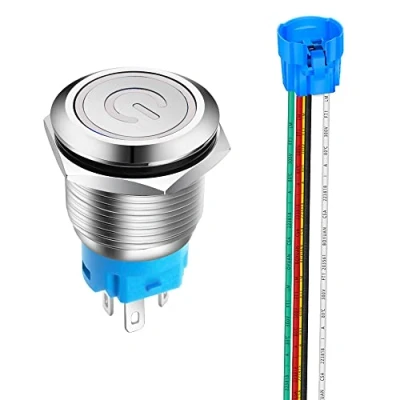 Image of Gebildet 1 Piece 0.75&#039;&#039;/19mm Stainless Steel Latching Push Button Switch 12V 24V 5A Power Symbol LED 1NO1NC SPDT ON Off Waterproof Toggle with Wire Socket(White LED)