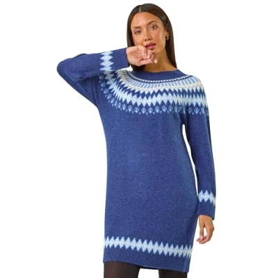 Image of Roman Thick Jumper Dress for Women UK Ladies Knitted Knit Sweater Long Longline Knitwear Autumn Winter Holiday Round Neck Sleeve Soft Knee Length Sweat Warm Blue Size 18