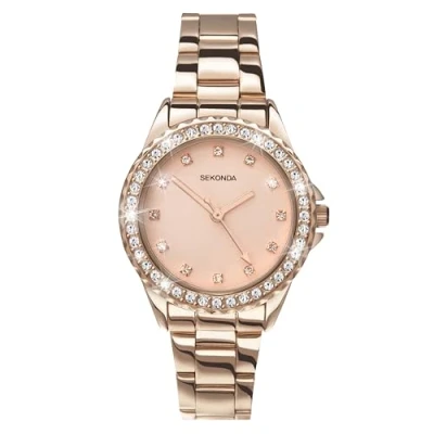 Image of Sekonda Elizabeth Rose Gold Bracelet Pink Dial Women&#039;s Quartz Watch 33mm with Stone Set Case, Analogue Display and Stainless Steel