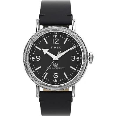 Image of Timex Men&#039;s Waterbury 40 mm Watch Black Leather Two Piece Quick Release Strap Dial Silver Tone Case TW2W20200