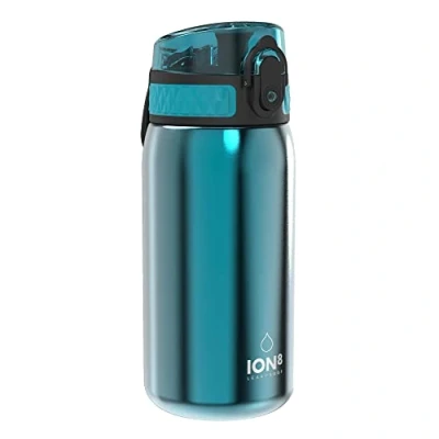 Image of Ion8 Kids Water Bottle, Steel 400 ml/13 oz, Leak Proof, Easy to Open, Secure Lock, Dishwasher Safe, Flip Cover, Carry Handle, Clean, Durable, Carbon Neutral, Metallic Aqua
