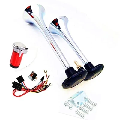 Image of YIYDA air Horn truck 150db car Chrome Zinc black Single tube Trumpet Alarm Loud Speaker with compressor pump Electric for 24V train lorry boat moto etc