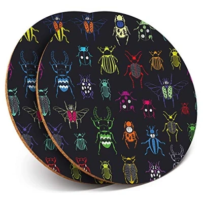 Image of 2 x Round Coasters Colorful Beetles Bugs Insect Cork Backed Home Kitchen Accessory Tea Coffee Mug Mat #15922