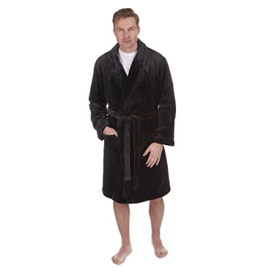 Image of Pierre Roche Mens Supersoft Plush Fleece Dressing Gown Black Medium