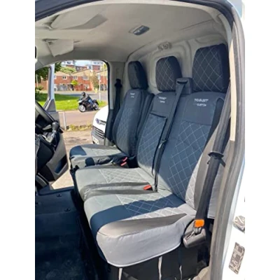 Image of Ford Transit Custom 2014 onwards Tailored Leatherette Grey/Black Front Seat Covers &amp; LOGO