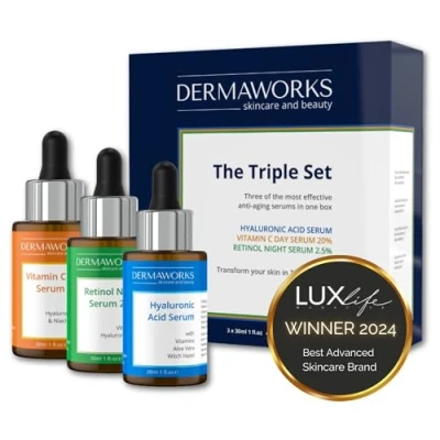 Image of Skincare Gift Set Brightening Vitamin C + Niacinamide, Hydrating Hyaluronic Acid, and Resurfacing Retinol Serums Anti Aging Face Serum Trio for Radiant Skin Ideal Christmas Men &amp; Women