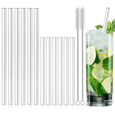 Image of 12 x Glass Straws Long Drinking Straw 21.5 cm &amp; Short 15 Dishwasher Safe