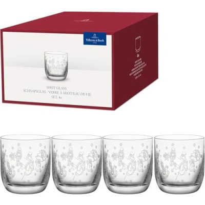 Image of Villeroy &amp; Boch Toy&#039;s Delight 4 Piece Schnapps Glass Set, Shot Glasses, Liqueur Drinking Glasses Set of 4, with Christmas Pattern, Dishwasher Safe