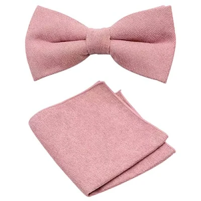 Image of Men&#039;s Luxury Cotton Blend Pre Tied and Fully Adjustable Bow Tie &amp; Pocket Square Set (Dusty Rose Pink) suitable for formalwear, office, weddings, parties, grooms groomsmen outfits
