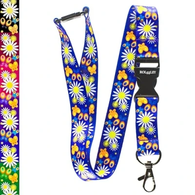 Image of Rolseley Multicolour Lanyard Neck Strap with Floral Daisies Blue Pattern Safety Breakaway (1 Blue)