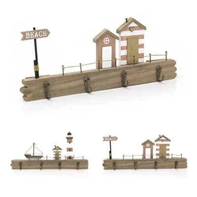 Image of Carousel Home 34cm Beach Hut Plaque with Wall Hooks Nautical Wooden Mounted 4 Hanger Decorative Coastal Scene Peg Design Varies One Supplied
