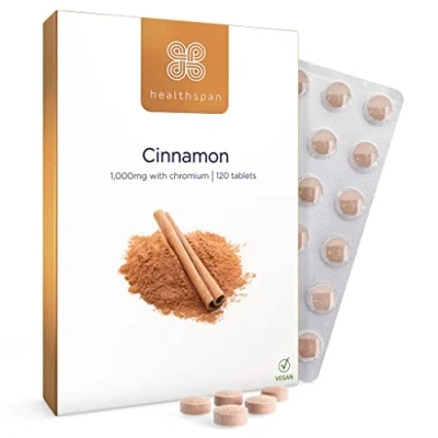 Image of Healthspan Cinnamon 1,000mg (120 Tablets) Supports Metabolism Added Chromium to Maintain Blood Sugar Levels Inspired by Ayurvedic Culture &amp; Chinese Herbal Medicines Vegan