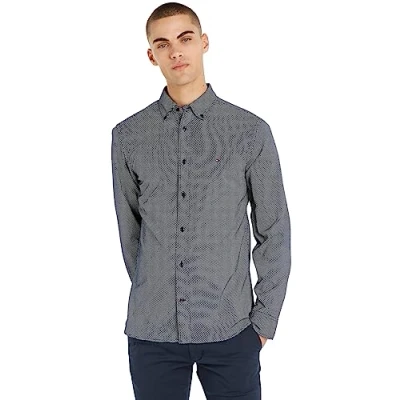 Image of Tommy Hilfiger Men&#039;s Core Flex Mini Geo PRT Rf Shirt Mw0mw25036 Casual Shirts, Blue (Carbon Navy/White), L