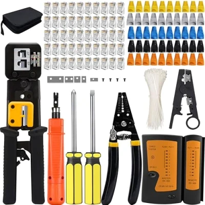 Image of MAYLINE RJ45 RJ12 Crimp Network Tool kit, CAT5 CAT6 Cat7 Stripper Cable Crimping Tool, Professional Computer LAN Tester, Ethernet Crimper kit&amp;Crimp Repair with 50PCS Connectors(Black)