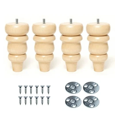 Image of 6’’ Wooden Bun Furniture Replacement Legs Feet Clear Lacquer Colour Beech Wood M8 Thread Level Mounting Plates Set Of 4 For Sofa Cabinet Footstool Chair Bed Ottoman MOSCOW 15 CM