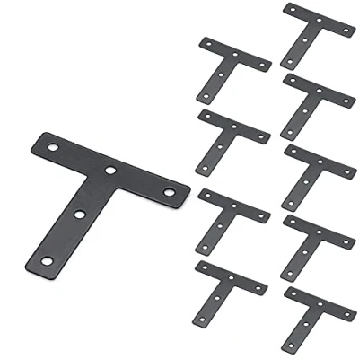 Image of Flat T Corner Bracket, KAIISSA 10 Pcs 80x80 mm Black Metal Right Angle Brace Repair Plate, Furniture Fastener Joint Connector for Wood Shelf Cabinet Table Chair (T Shape)