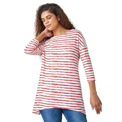 Image of Roman Originals Swing Top with Pockets for Women UK Ladies Hanky Hem Asymmetric Tunic Blouse Longline Long Stretch Jersey Casual Round NeckTee Shirt T Orange &amp; Ivory Size 12