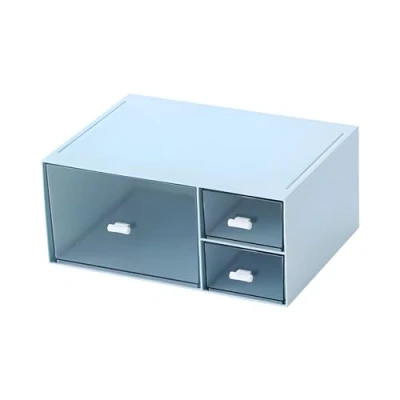 Image of OSteed Desktop Stackable Storage 3 Drawers, Blue Plastic Stationery Drawer Organiser, Makeup Desk Organiser Box, Small Drawers Unit, 1 Deep Layer