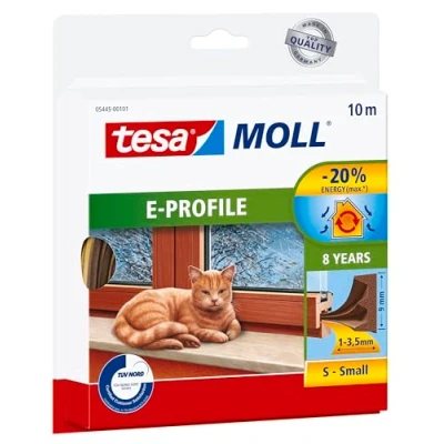 Image of tesamoll E Profile Seal Self Adhesive Rubber Draught Excluder for Insulating Gaps in Windows and Doors Brown 10 m x 9 mm