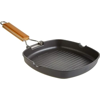 Image of WECOOK! Ecostone Grill Induction Stripes 24 x cm, Non Stick ILAG Eco Friendly PFOA Free, Cast Aluminium, 5 mm Thickness, Folding Wood Handle, Suitable for All Cookers, Gas
