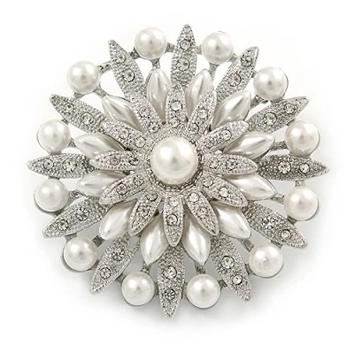Image of Avalaya Bridal Vintage Inspired White Simulated Pearl, Austrian Crystal Layered Floral Brooch in Silver Tone 50mm D