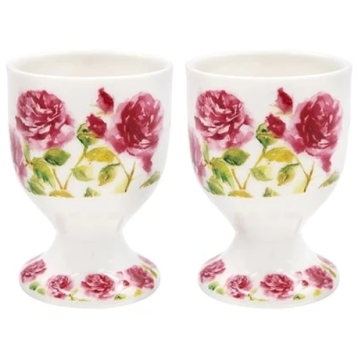 Image of Rose Garden Ceramic Breakfast Egg Cups Floral Design Vintage Pink Roses Flowers