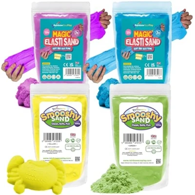 Image of Rainbow Eco Play Magic Elasti and Smooshy Sand Assorted Colours 4 x 485g Coloured for Kids Ideal Childrens Sensory