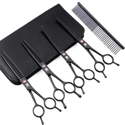 Image of Dream Reach Professional 7.0 Inches Dog Grooming Scissors Kit Cutting Curved Thinning Shears Comb Pet Hair Trimming Set for Dogs and Cats (4 Blunt Tip)