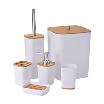 Image of Yorkmills 6 Pieces Bamboo Bathroom Accessories Set, Accessory Bin Toilet Brush Durable Toothbrush Holder Cup, Soap Dispenser With Pump, Dish Holder, Modern Trash Can