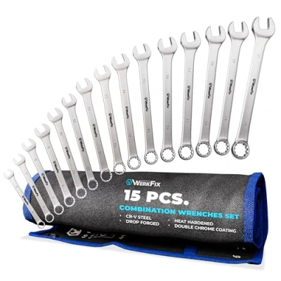 Image of WerkFix Combination Spanner Set 15 Piece 6 21 mm Made of CRV Steel, Laser Marked, matt Finished, in tetron roll Bag