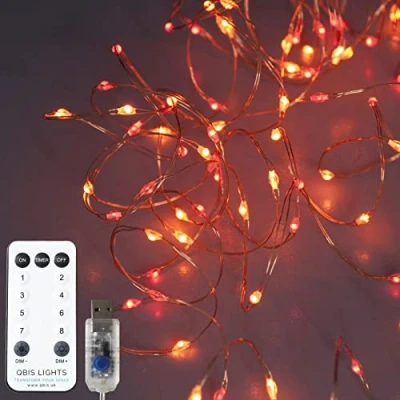 Image of Qbis Red and Orange Fairy Lights on Copper Wire, 100 Micro LED String Lights, Remote Control, USB Plug, Timer, Multi Function, Adjust Brightness Christmas (Sunset2 (Red, Orange))
