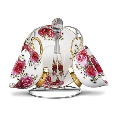 Image of YBK Tech Euro Style Cup&amp; Saucer Set Art Bone China Ceramic Tea Coffee Cup for Home Kitchen Wedding (2 Sets) (Red Rose)