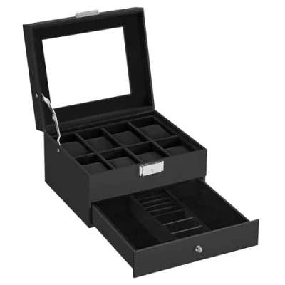 Image of SONGMICS Watch Box, Case with Glass Lid, 2 Tier Display for 12 Watches, Lockable, 1 Drawer, Rings, Bracelets, Gift Idea, Black Synthetic Leather, Lining JWB080B01