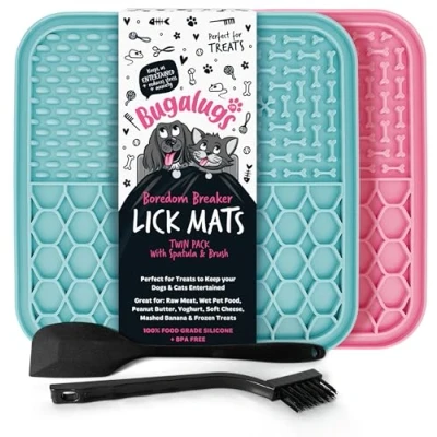 Image of Bugalugs Licky Mats For Dogs, 100% Food Grade Lick Dogs &amp; Cat Mat BPA Free Dog Mat, Feeding Licking Reduce Stress Anxiety, 2x Pet Spatula Brush (Pink Blue)