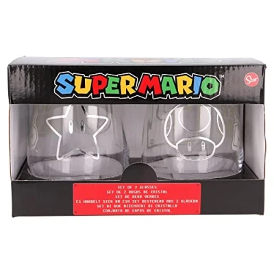 Image of Stor Set 2 Glass Cups 510 ML Super Mario, Multicoloured, Count (Pack of 1)
