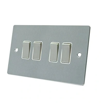 Image of AET FSC4GSWIWS Satin Chrome Flat White Insert Metal Rocker Switches 10 Amp 4 Gang 2 Way Light Switch, 240 V