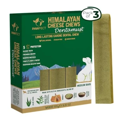 Image of Pawfect Dentamust Himalayan Cheese Chews for Dogs with Aloe Vera, Green Tea Extract (Decaffeinated) &amp; Honey. Pack of 3 dental chew Large (195g/6.88oz) All Natural Long lasting