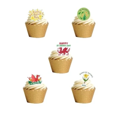 Image of Top That 30 Stand Up St David&#039;s Day Welsh Wales Celebration Themed Edible Wafer Paper Cake Toppers Decorations