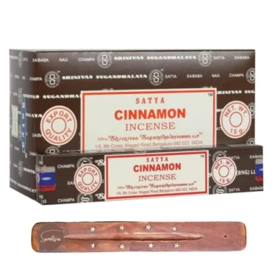 Image of Satya Nag Champa Cinnamon incense sticks x12 pack with SAMASIA holder Used for Ciomatherapy, Spa, Yoga, Weddings, Meditation, Healing, Positivity and Relaxation