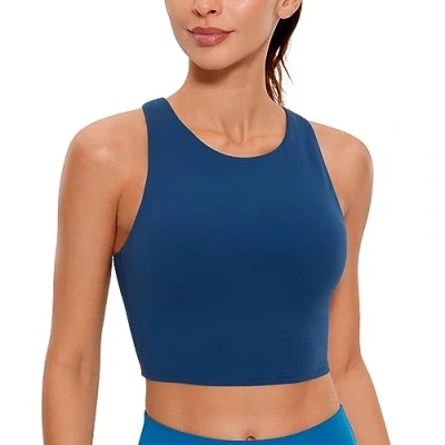 Image of CRZ YOGA Women&#039;s Butterluxe Racer Back Padded Sports Bra High Neck Longline Crop Top Gym Workout Tank Tops with Built in French Navy 16